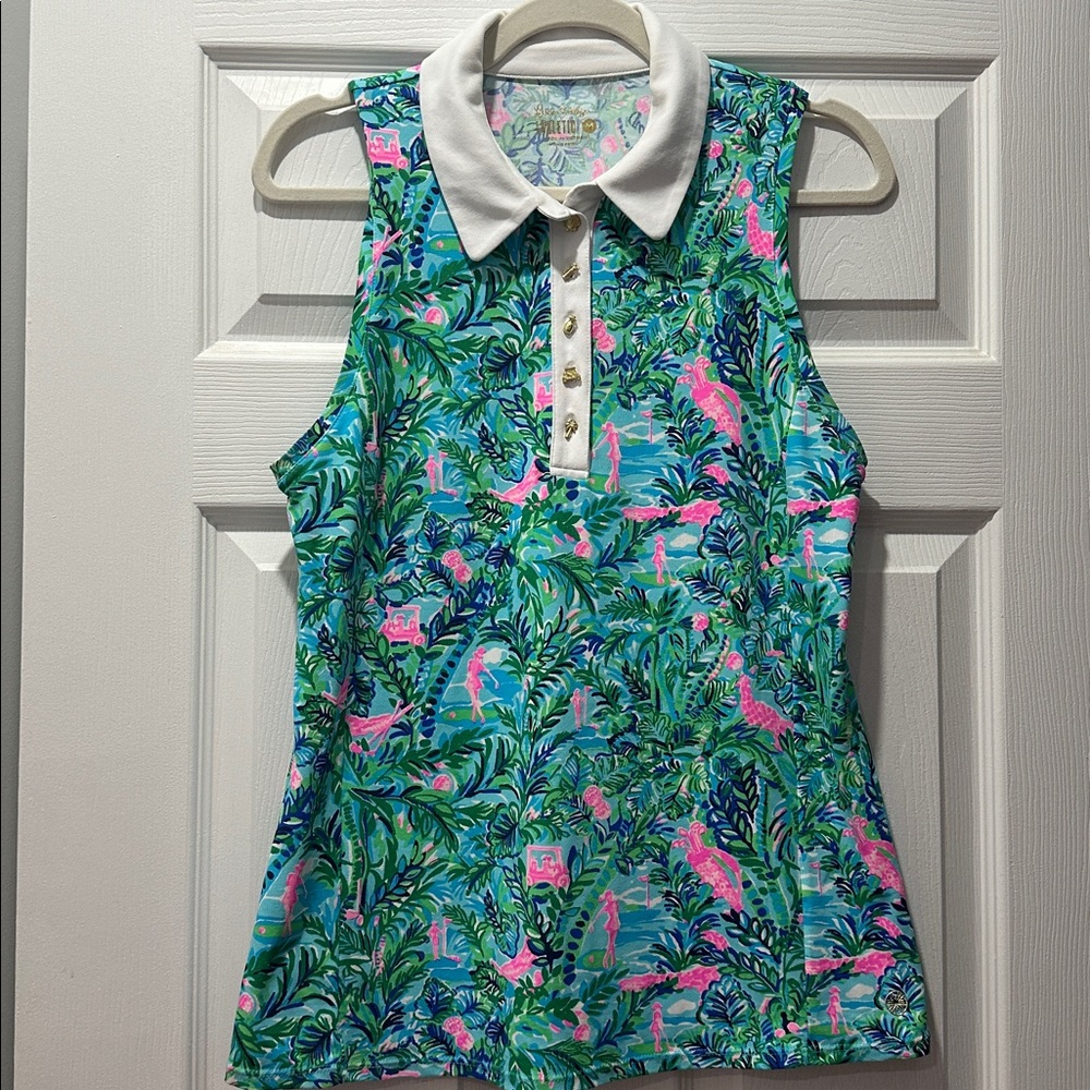 Lilly Pulitzer Tropical Print Sleeveless Polo Shirt